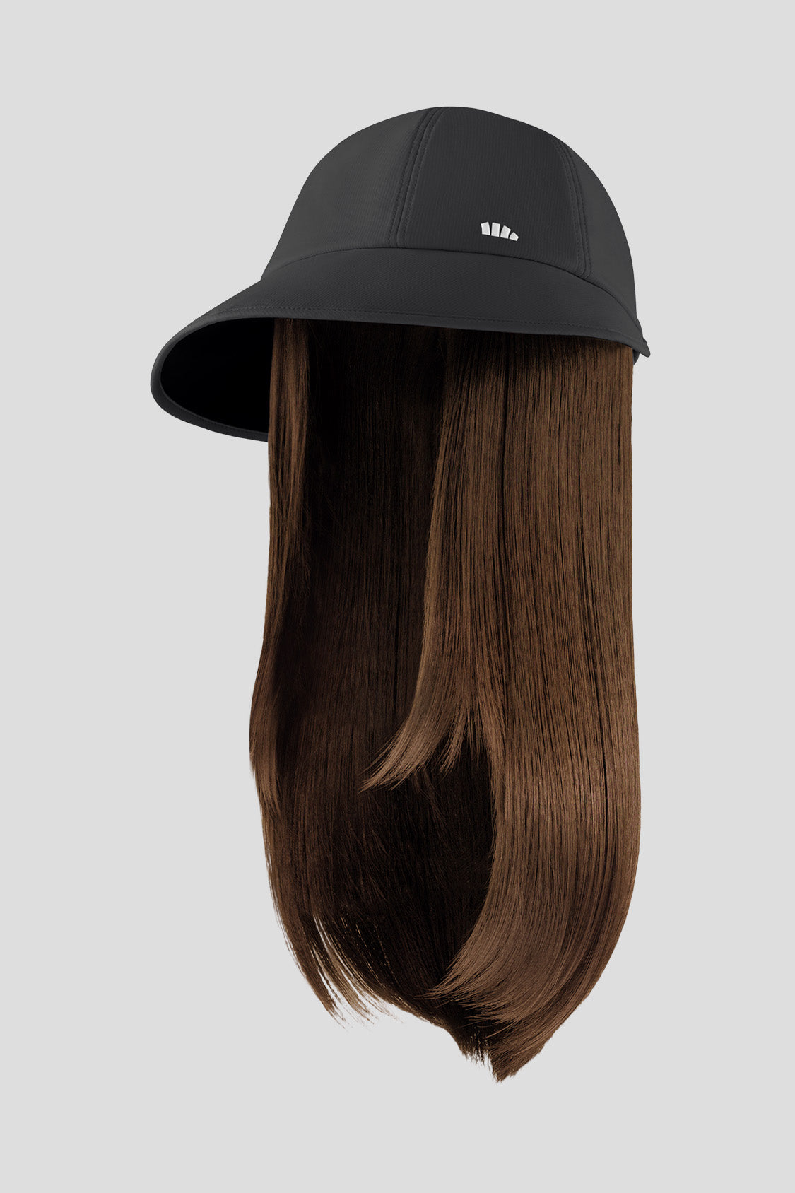 women's puffi-hair sun shield cap with 3d ventilation dome #color_black cap with ash brown straight hair