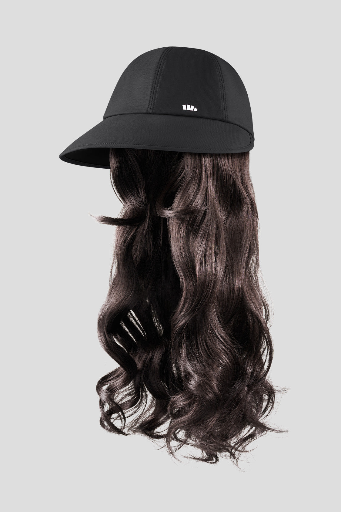 women's puffi-hair sun shield cap with 3d ventilation dome #color_black cap with brunette luxe curls