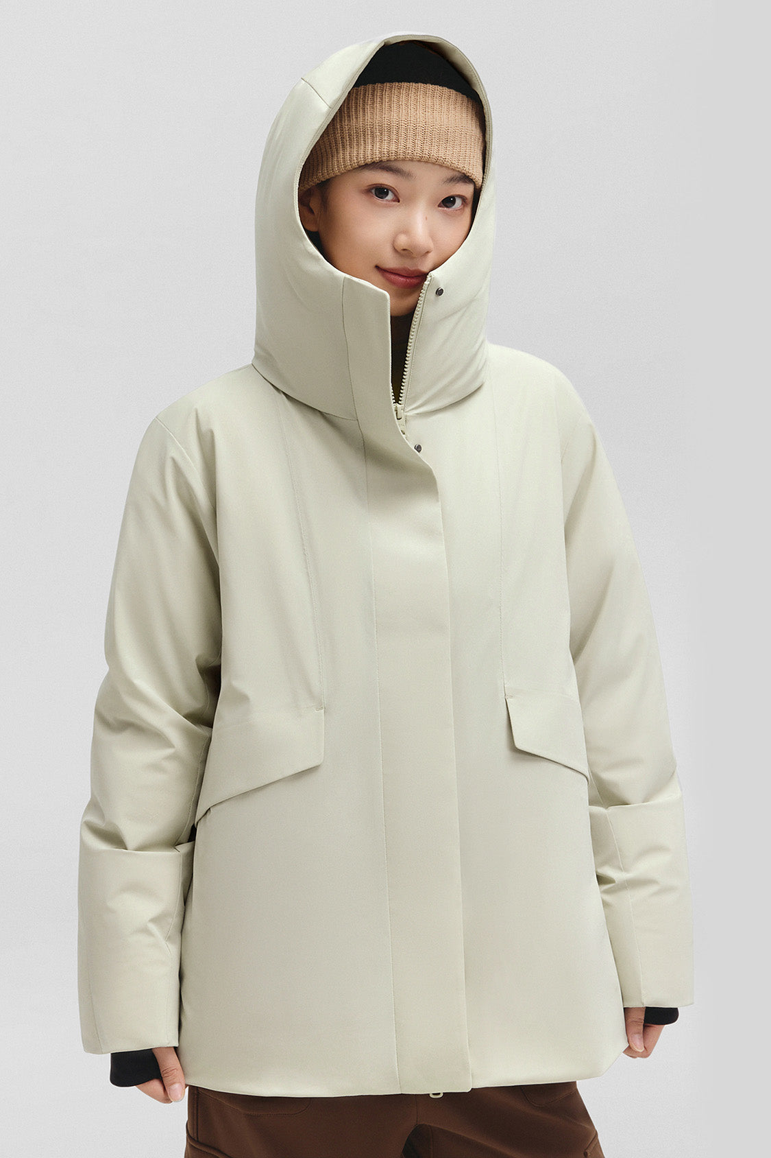 beneunder frostshield – women’s full-protection boxy down jacket (extra warm, long sleeve) #color_light brown