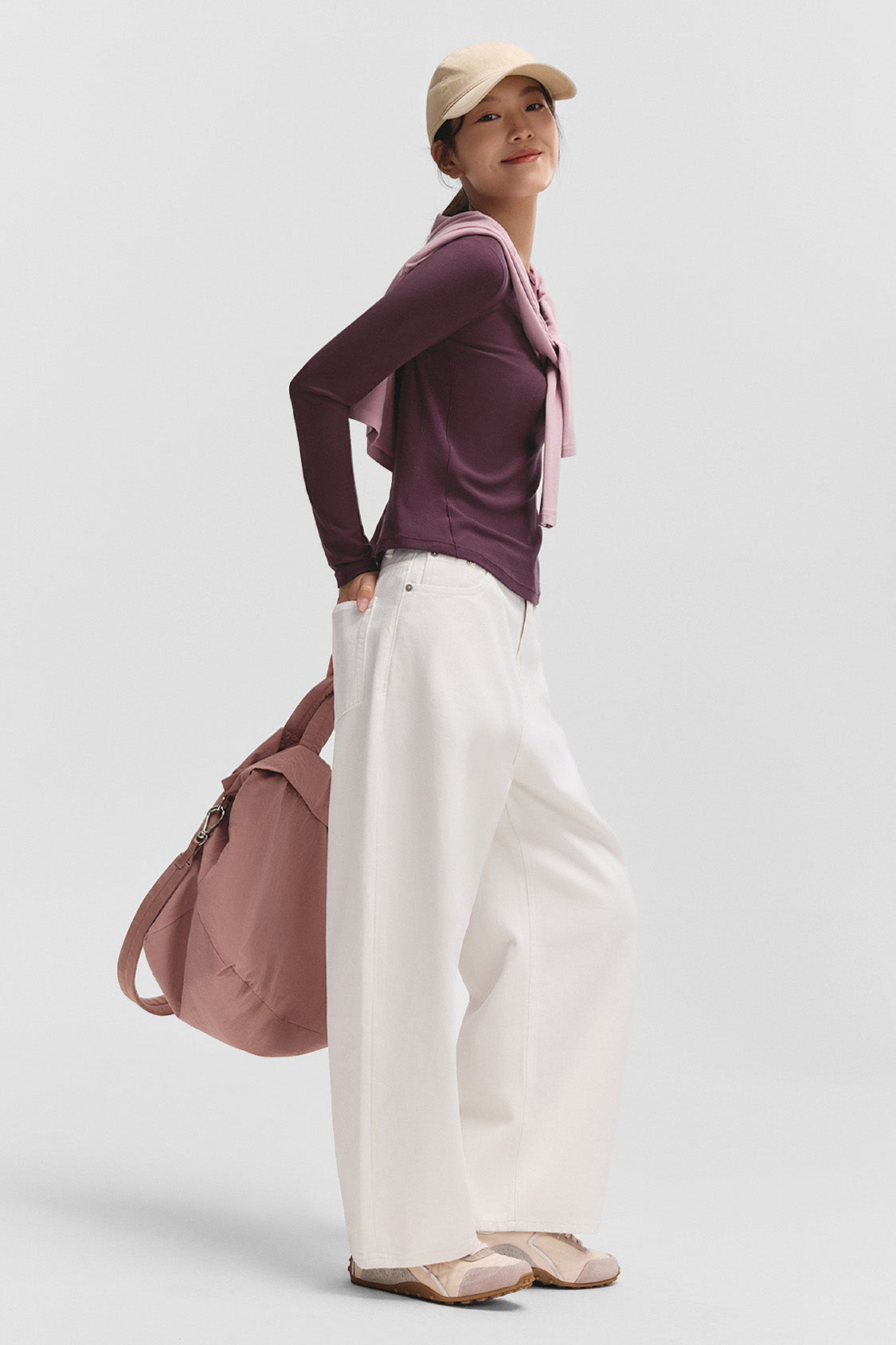 beneunder flexease womens lightweight ribbed base layer top crew neck#color_cherry red