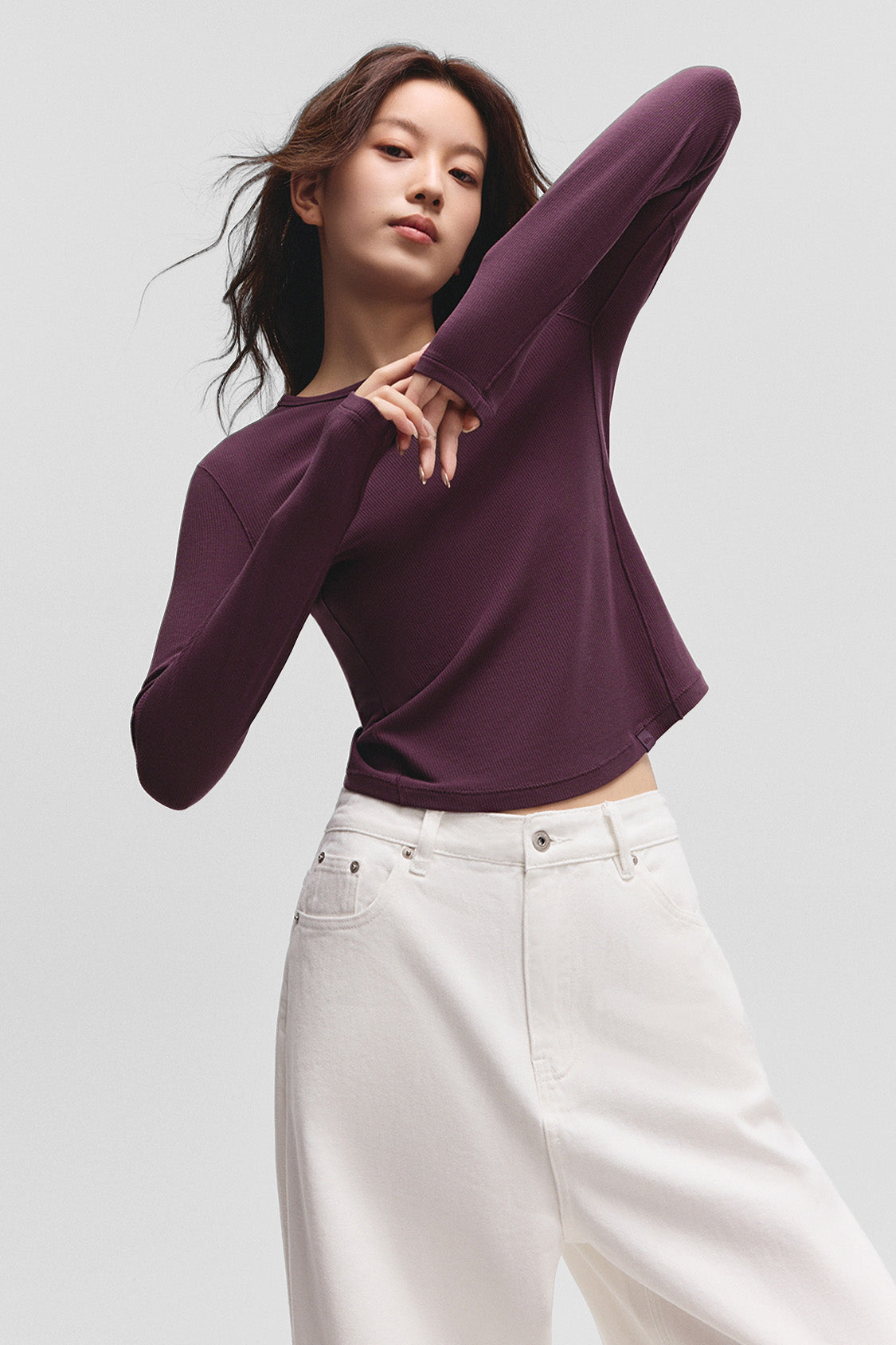 beneunder flexease womens lightweight ribbed base layer top crew neck#color_cherry red