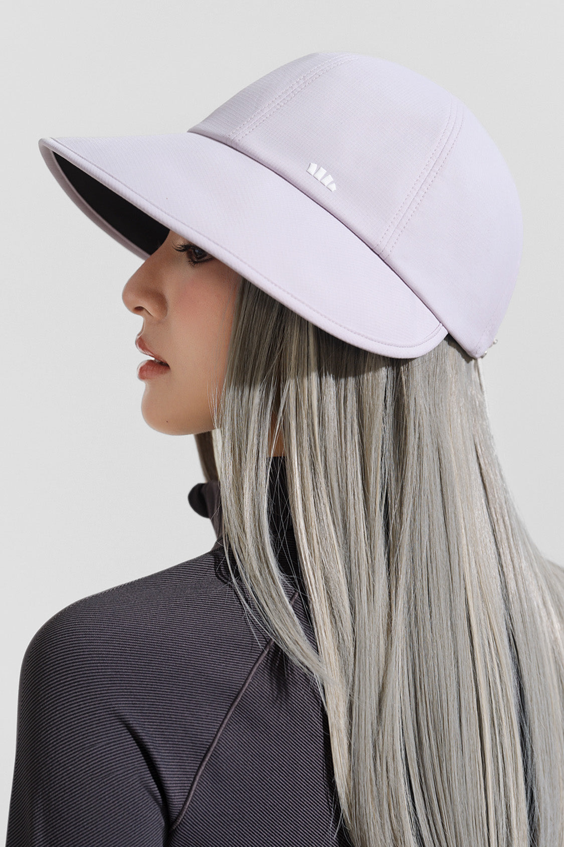 women's puffi-hair sun shield cap with 3d ventilation dome #color_cream lilac cap with silver highlighted hair