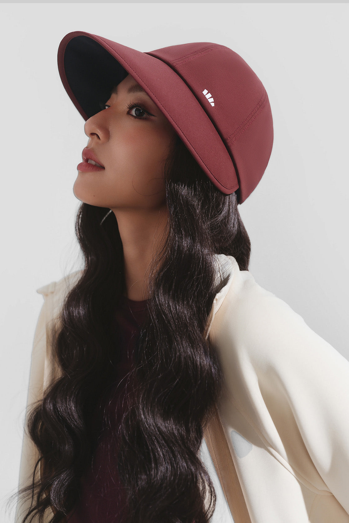 women's puffi-hair sun shield cap with 3d ventilation dome #color_crimson cap with rich brunette soft waves