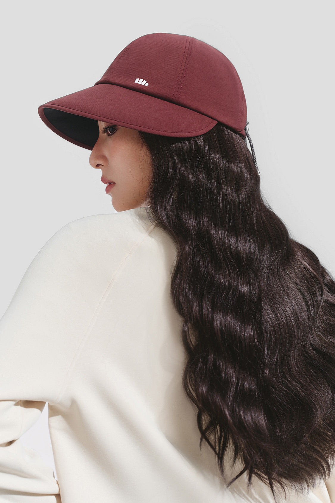 women's puffi-hair sun shield cap with 3d ventilation dome #color_crimson cap with rich brunette soft waves