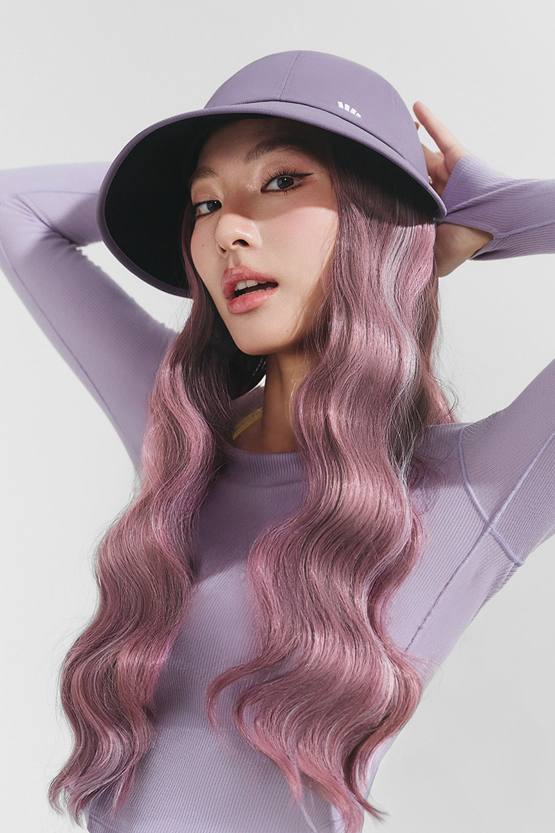 women's puffi-hair sun shield cap with 3d ventilation dome #color_puprle cap with lilac pop water waves