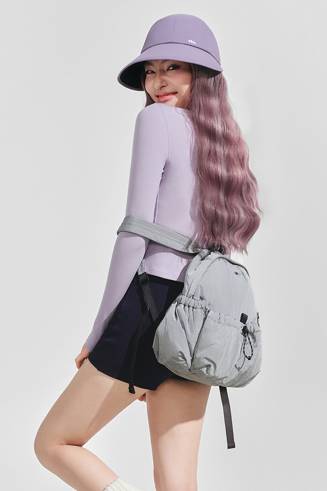 women's puffi-hair sun shield cap with 3d ventilation dome #color_puprle cap with lilac pop water waves