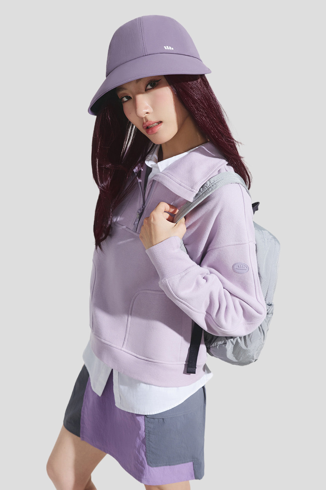 women's puffi-hair sun shield cap with 3d ventilation dome #color_purple cap with wine red straight hair