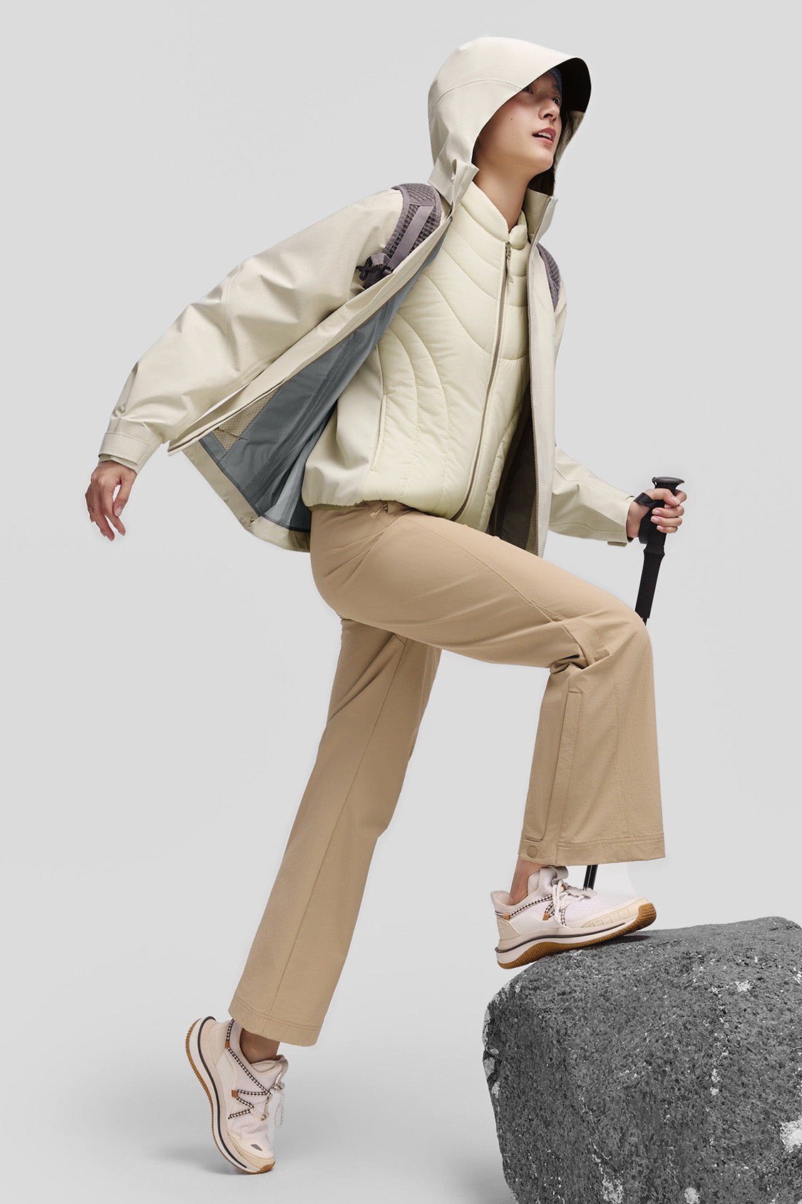 beneunder peakflex – women’s stretch insulated shell jacket (removable hood, warm liner) #color_beige