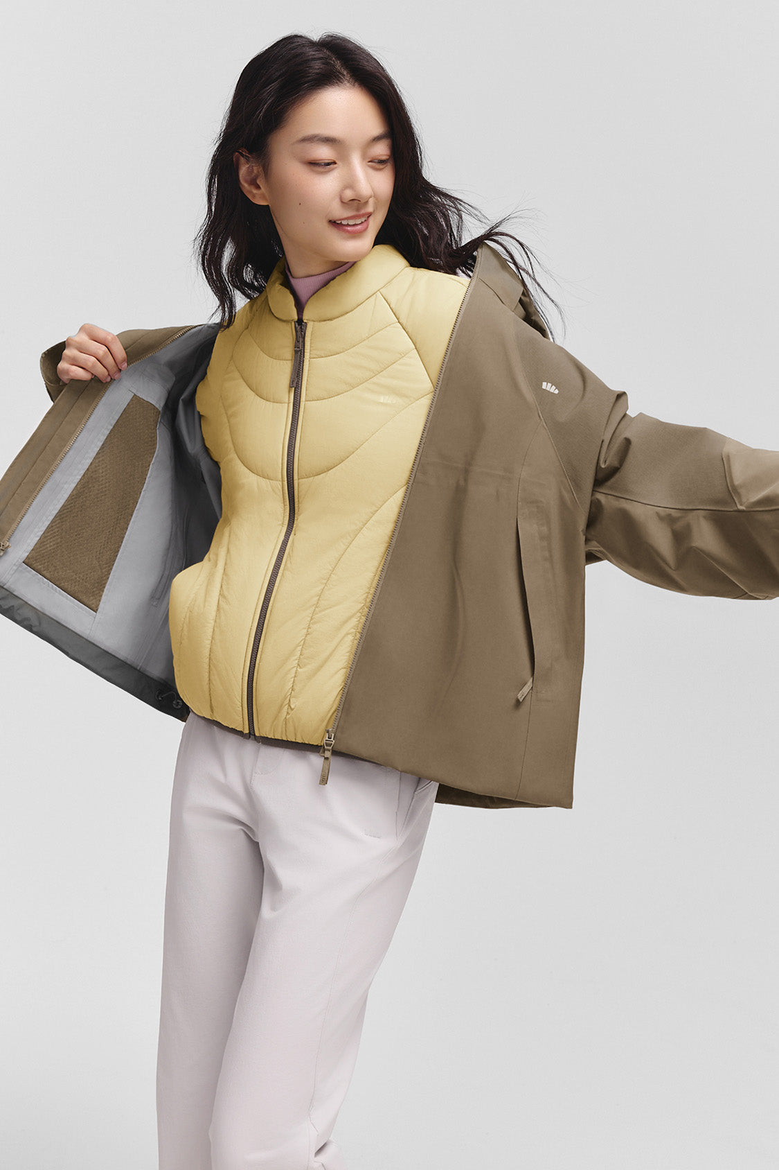 beneunder peakflex – women’s stretch insulated shell jacket (removable hood, warm liner) #color_brown