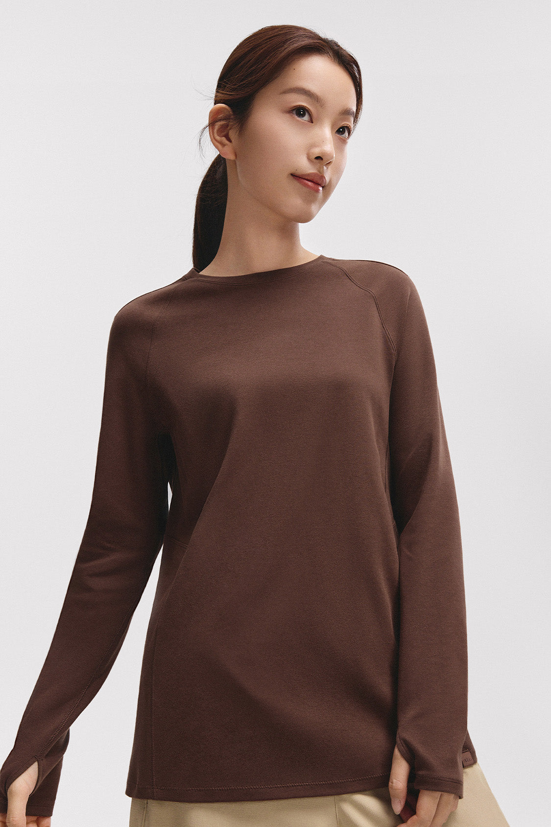 beneunder gopod womens memory cotton stretch long sleeve tee#color_brown