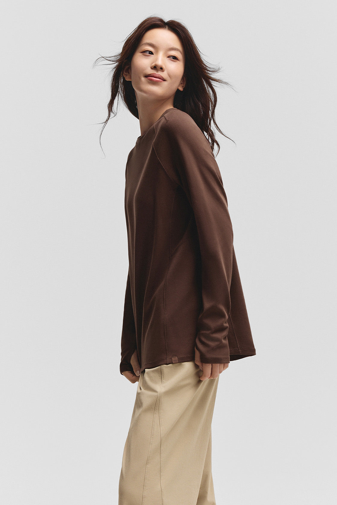 beneunder gopod womens memory cotton stretch long sleeve tee#color_brown