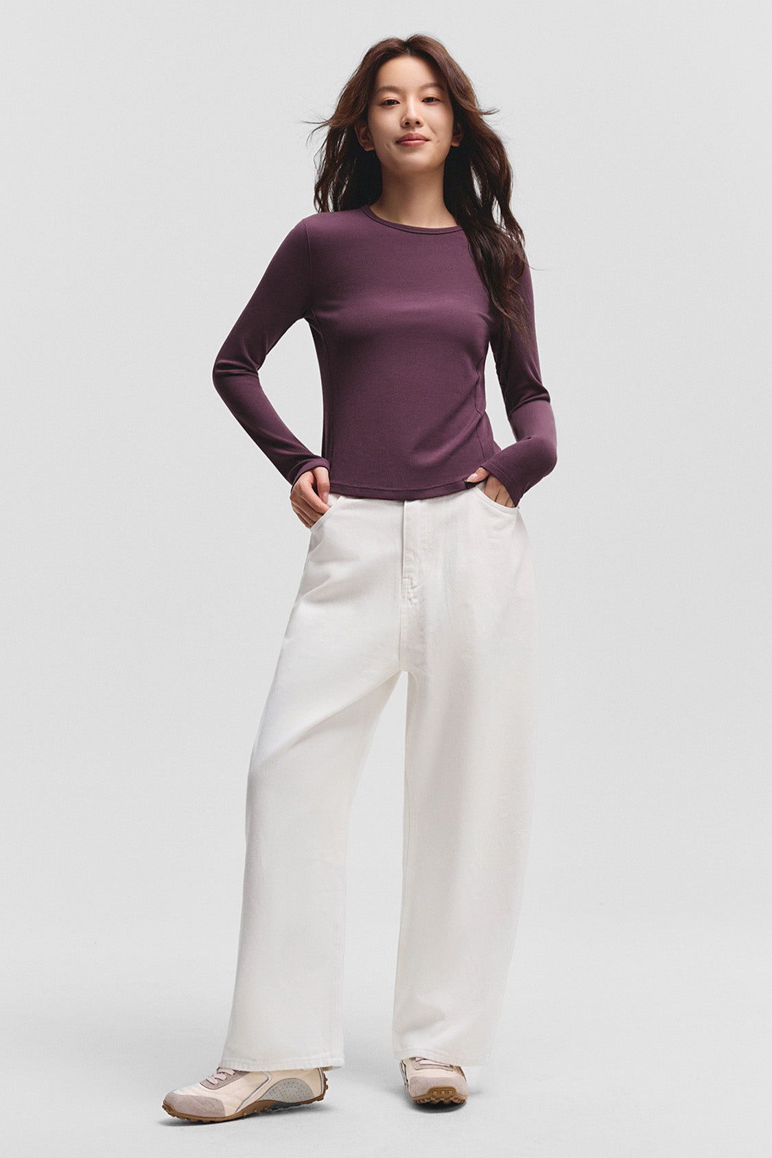 beneunder flexease womens lightweight ribbed base layer top crew neck#color_cherry red