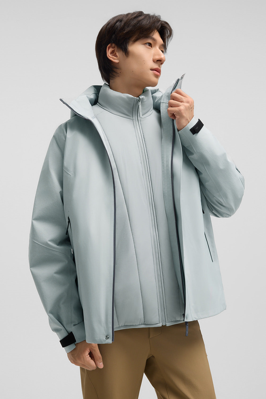 beneunder trailguard – men’s stretch insulated shell jacket (removable hood, warm liner) #color_gray