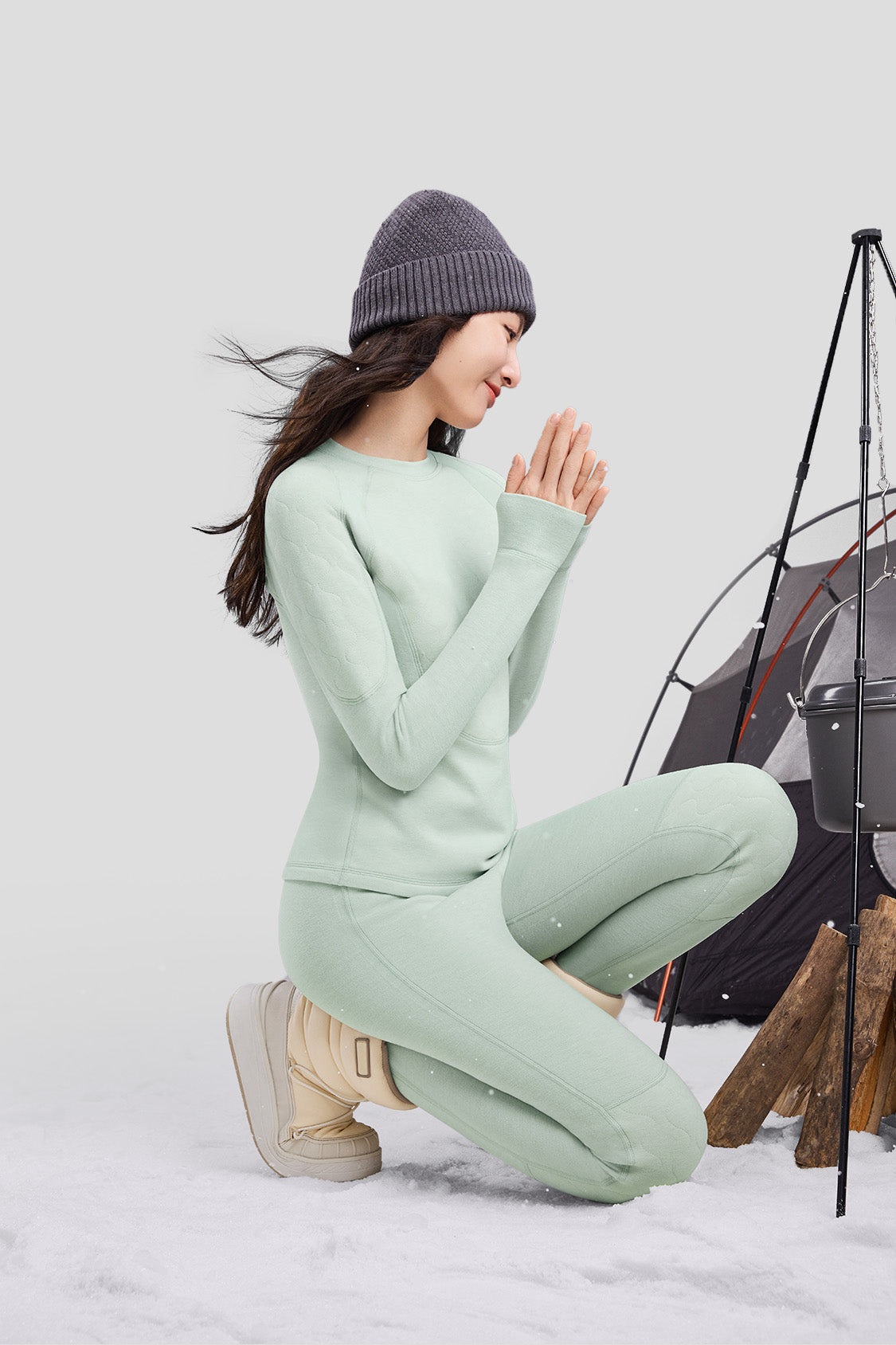 beneunder women's thermal set #color_light gray green