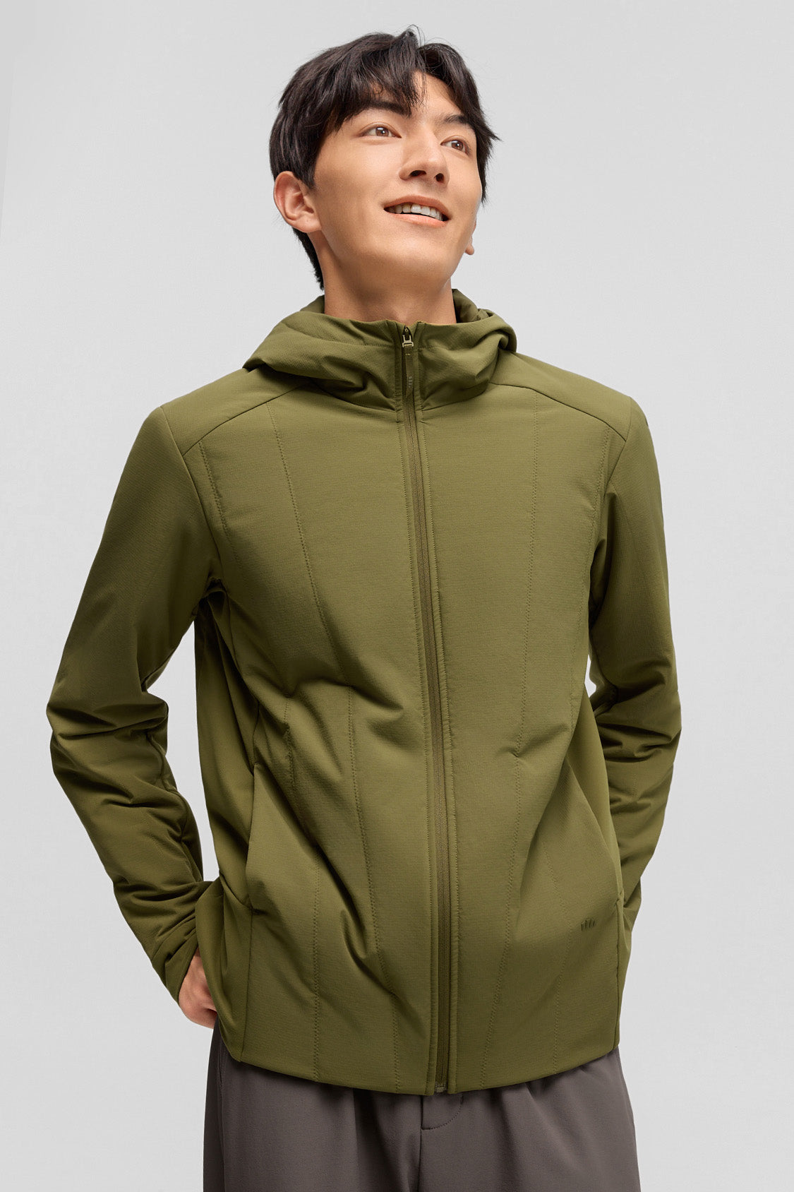 beneunder hoodflex mens medium warmth hooded stretch fleece vest #color_moss green