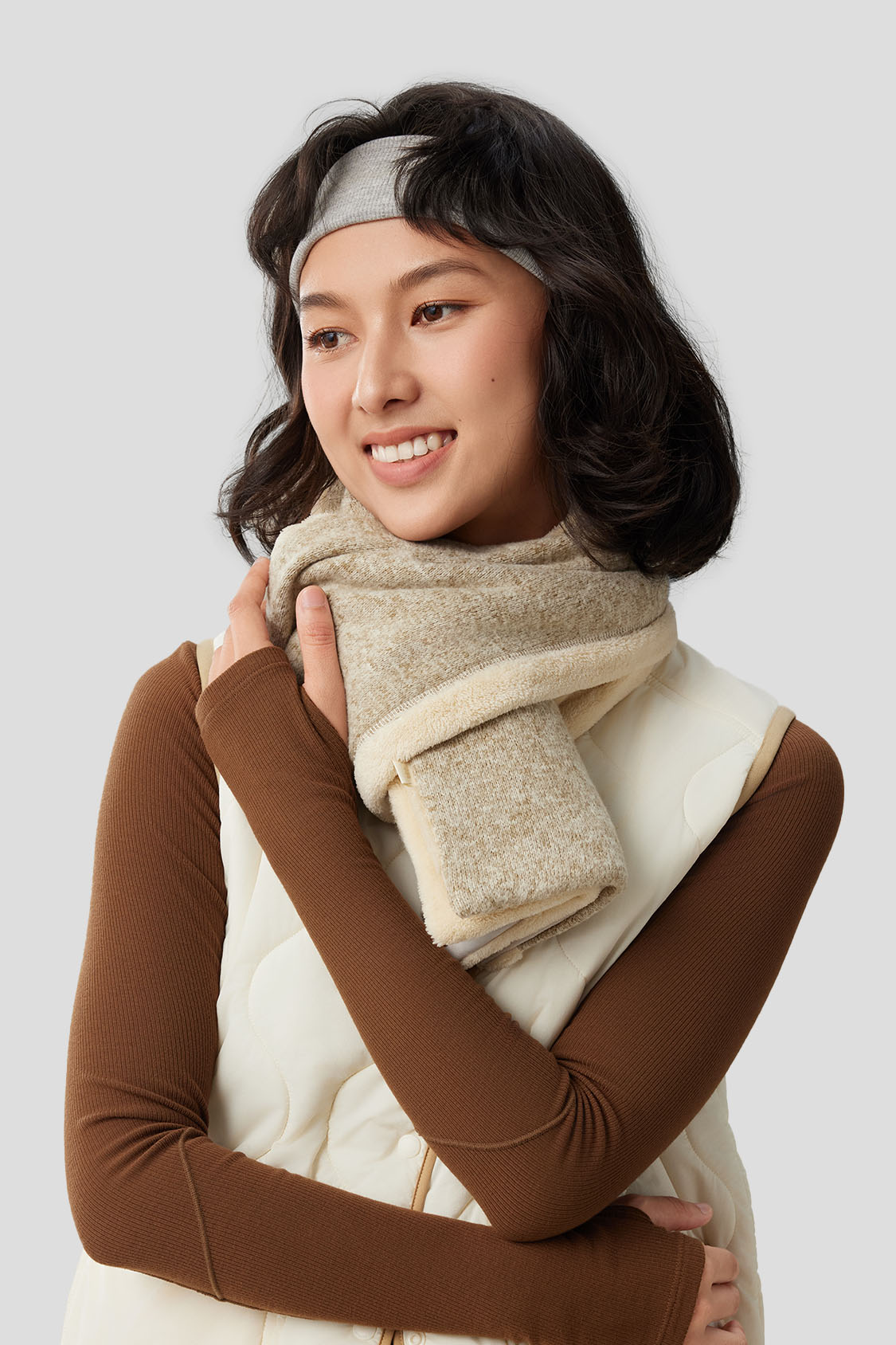 beneunder plush double-sided warm scarf #color_autumn wheat - pinecone brown