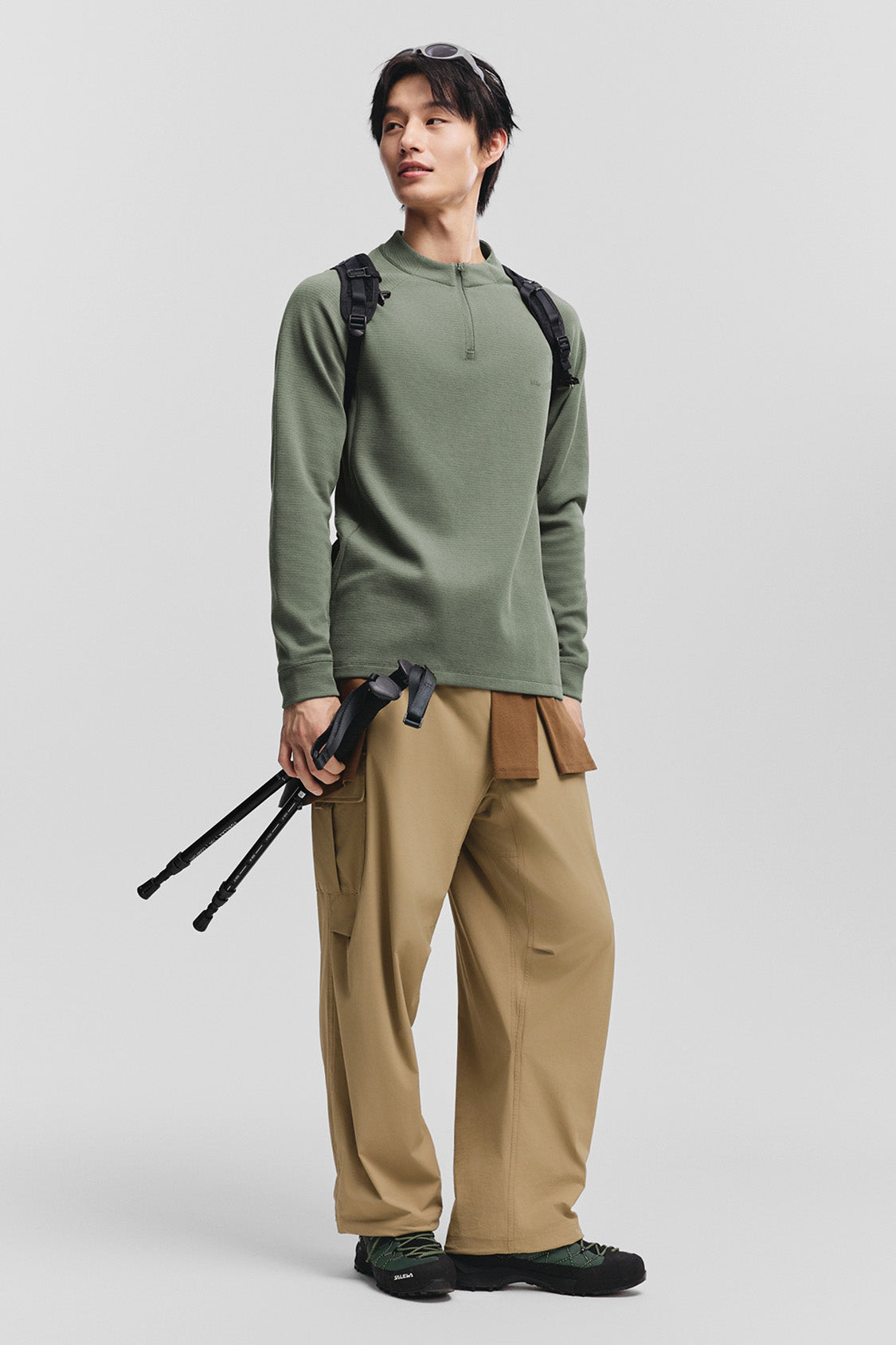 beneunder wickcore mens stand collar wicking base layer #color_sage green