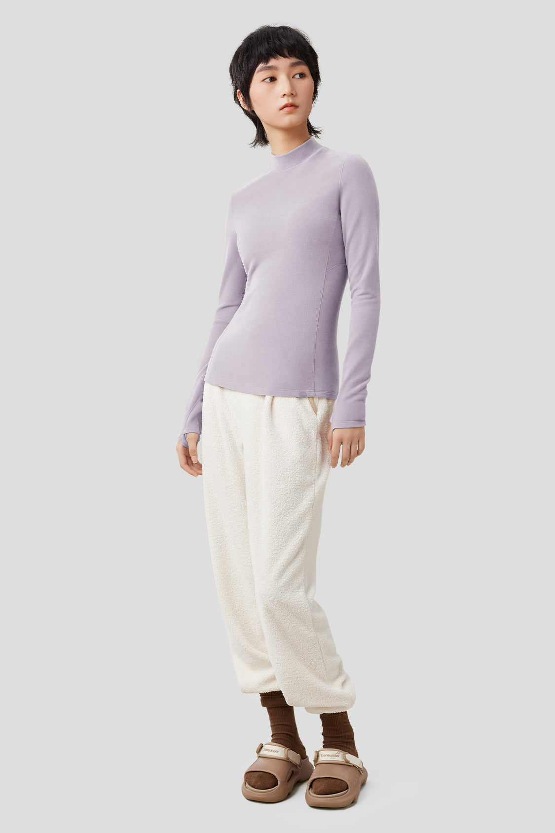beneunder women's mid-warm half turtle-neck fleece long-sleeve shirt #color_lavender purple