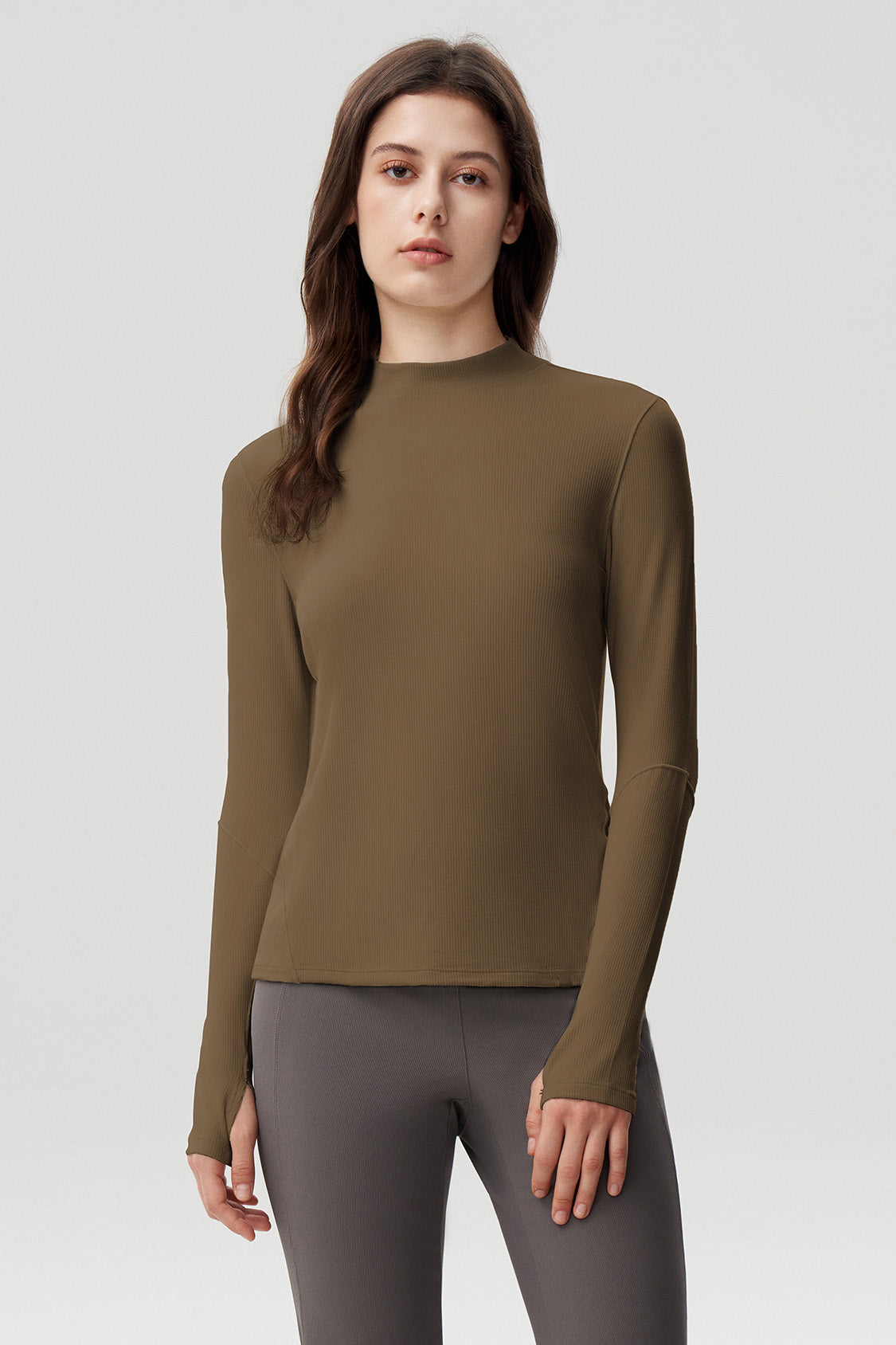 women's semi-turtleneck skin-fit base layer shirt #color_truffle brown