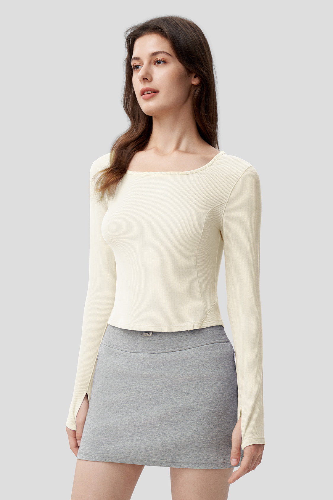 beneunder women's short u-neck skin fit long sleeve shirt #color_beige